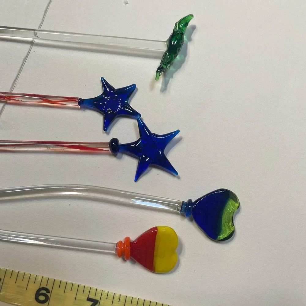 Vintage Glass Star Heart Crocodile Cocktail Swizzle Sticks‎ Set of 5 – 7–8